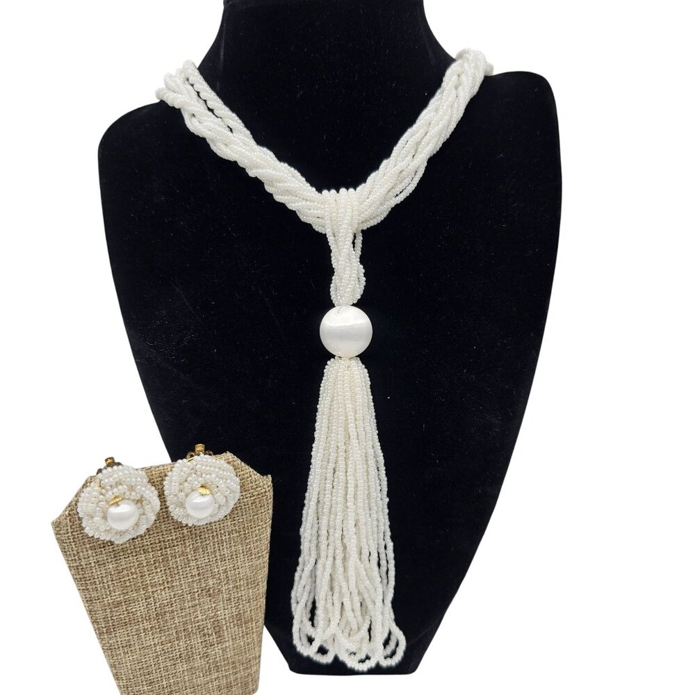 Vintage Japan White Seed Bead Multi Strand Necklace Earrings Set Tassel